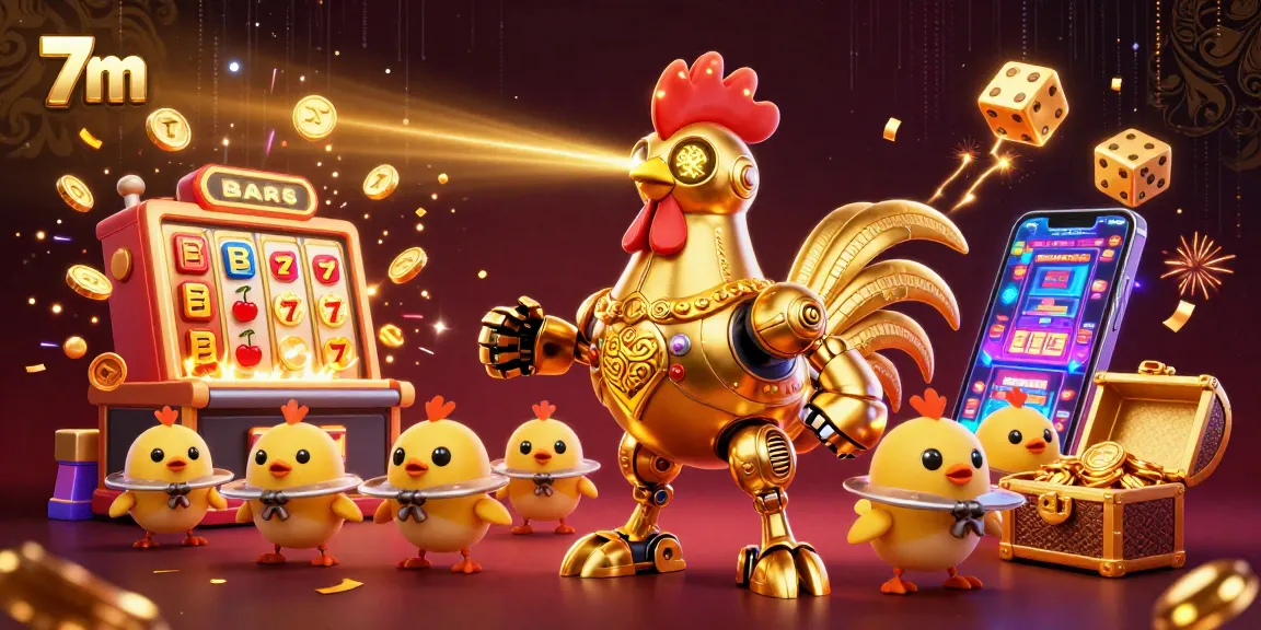 7m showcases a vibrant golden rooster robot and chick drones amidst a casino theme, creating dynamic gaming excitement.