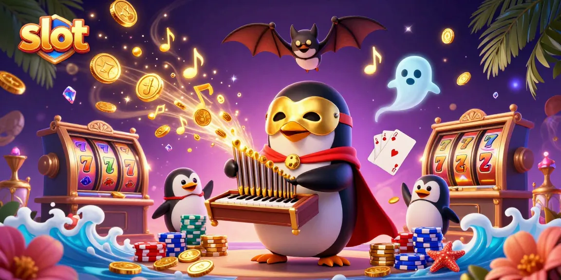 Engage with thrilling slot games featuring a penguin organist and acrobatic bat under a dynamic casino atmosphere.