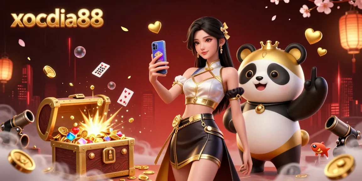 Xocdia88 features an elegant woman enjoying casino games on her smartphone with a playful panda making it a lively gambling scene.