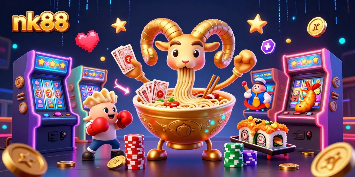 Engage with nk88's colorful 3D illustration showcasing a golden ramen bowl dealer and dynamic casino elements.