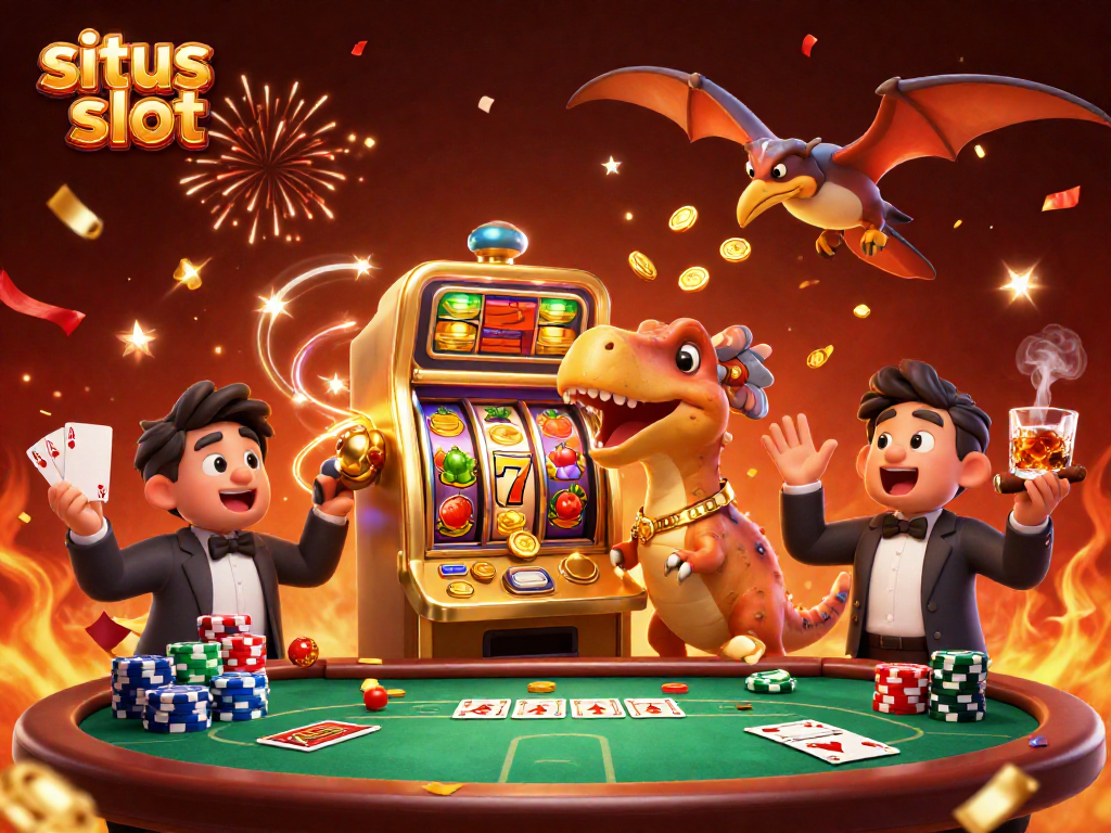 Exciting situs slot scene with dinosaurs engaging in a jackpot chaos at a casino.
