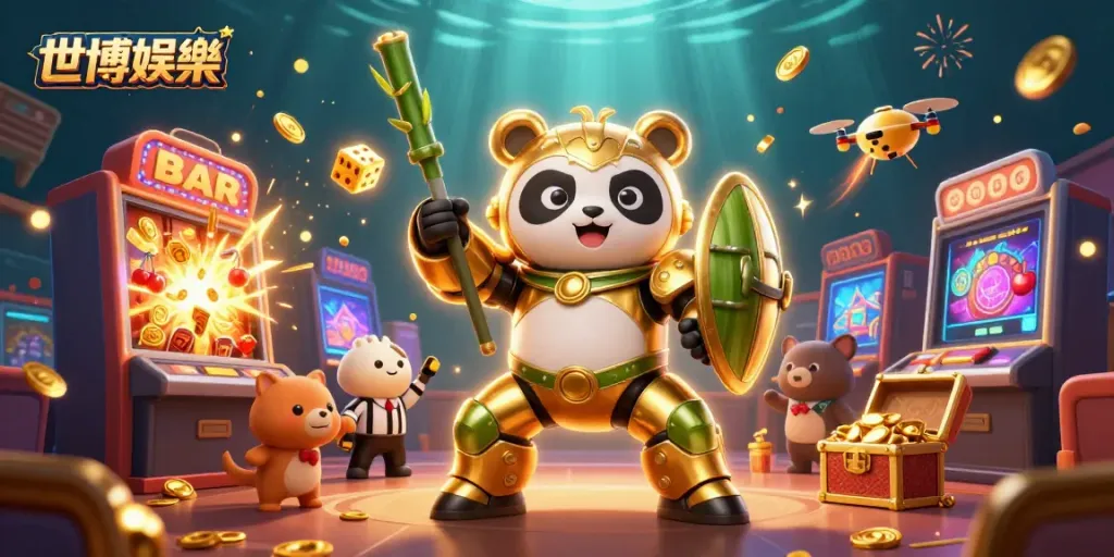 世博娱乐的3D动画插图，展示华丽的赌场景象和游戏元素，动感十足。