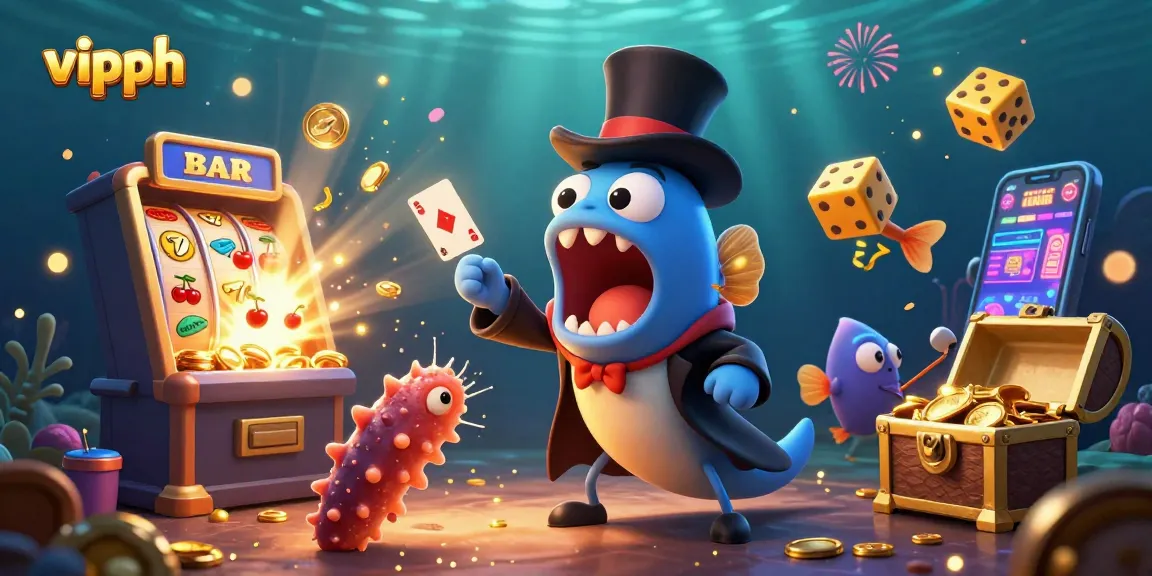Experience thrilling wins at vipph with a magical underwater casino illustration featuring vibrant characters and games.