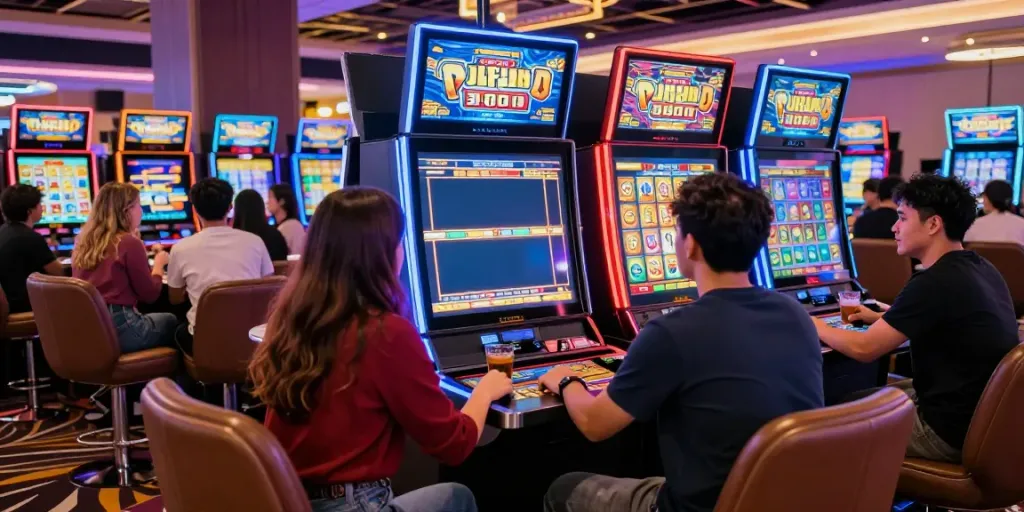 Slot mesin Mahjong Ways 2 yang modern dengan pemain yang antusias di kasino.