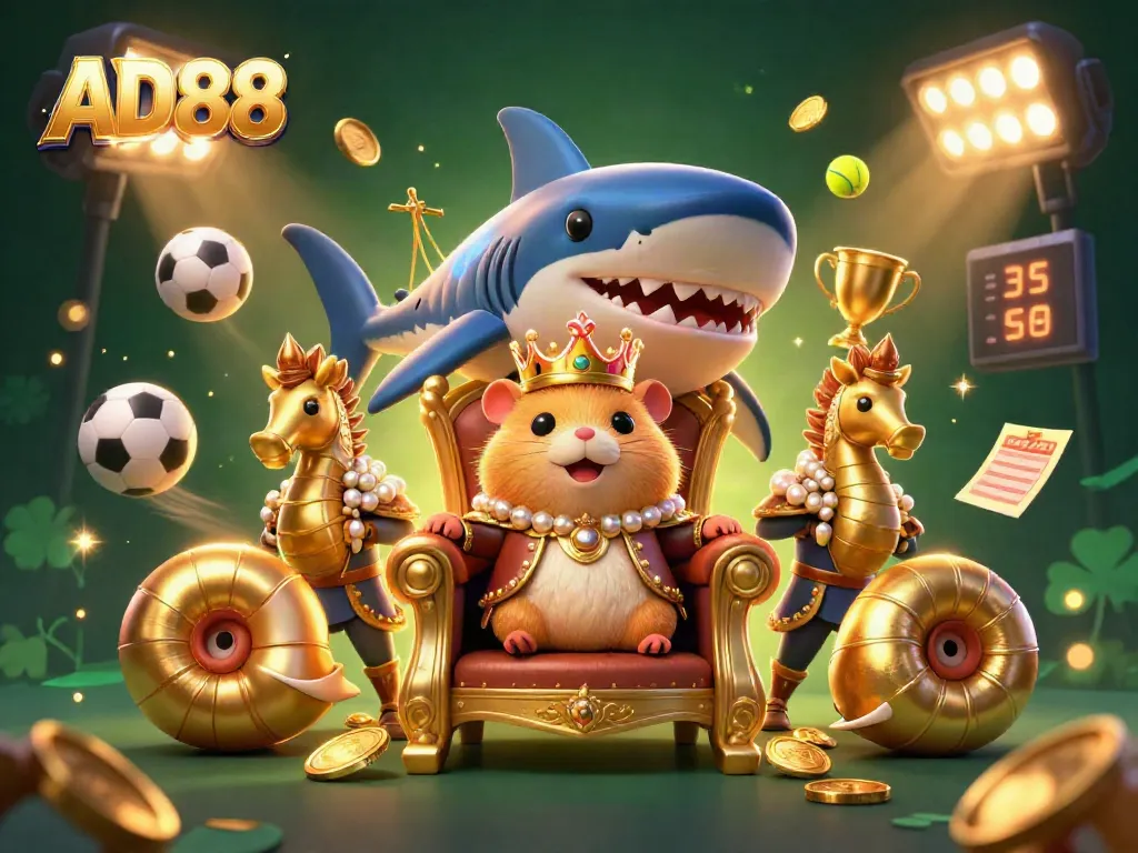 Experience AD88's thrilling gameplay with a vibrant casino scene featuring a hamster king and dynamic sports elements.