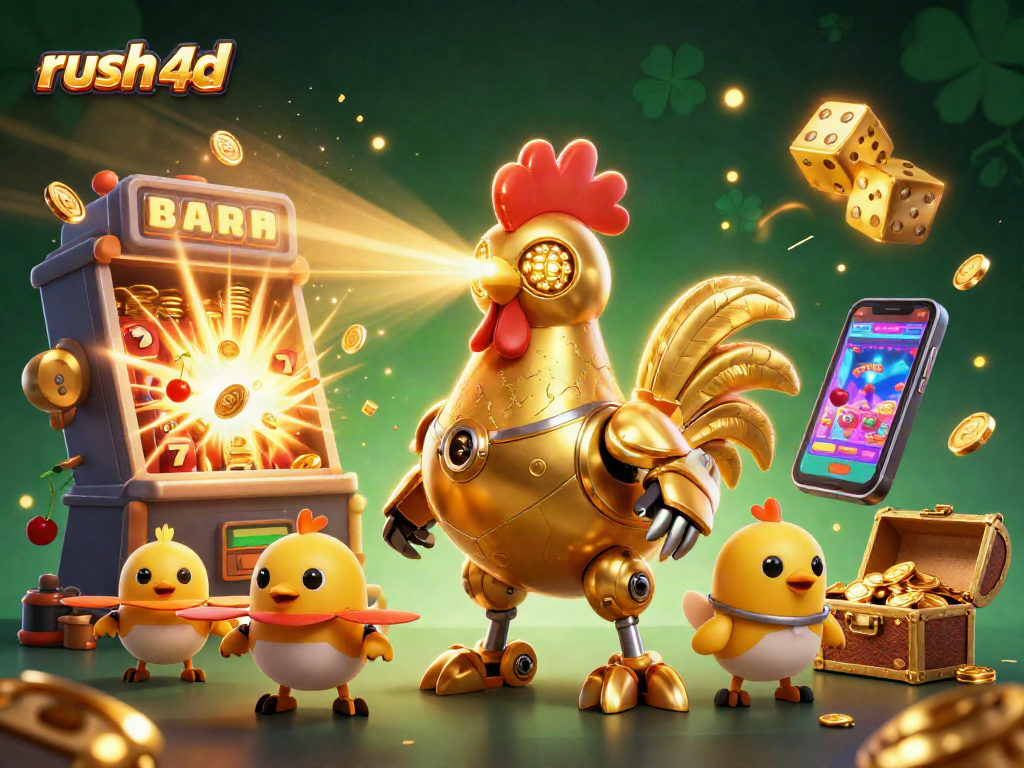 Rasakan keseruan rush 4d dengan karakter robot ayam emas dan mesin slot penuh koin!