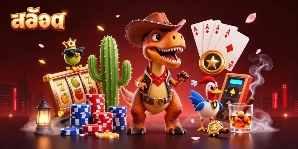 Engaging scene of สล็อต featuring a cartoon T-Rex, cactus, and roadrunner with slot elements.