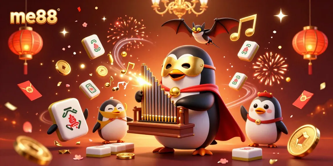 Experience thrilling games at me88 as a phantom penguin plays an organ shooting golden coins.