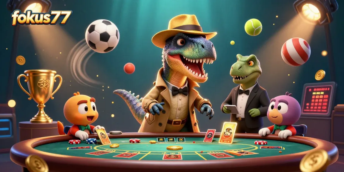 Experience the exciting action of fokus777 with a cartoon velociraptor player at the blackjack table.