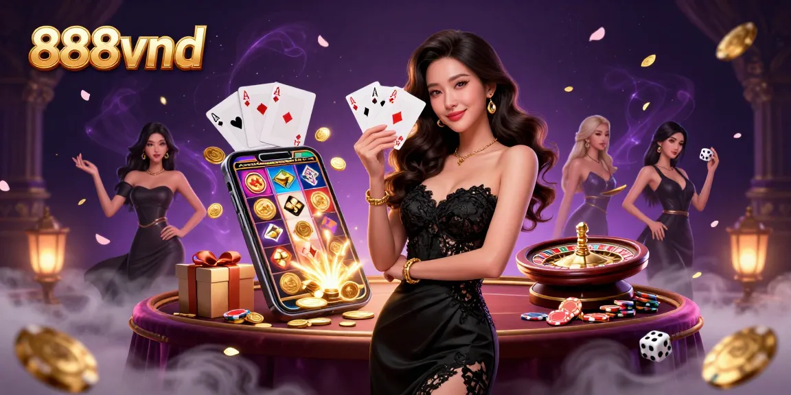Win big at 888vnd with a glamorous Asian woman showcasing casino excitement amongst vibrant gaming elements.