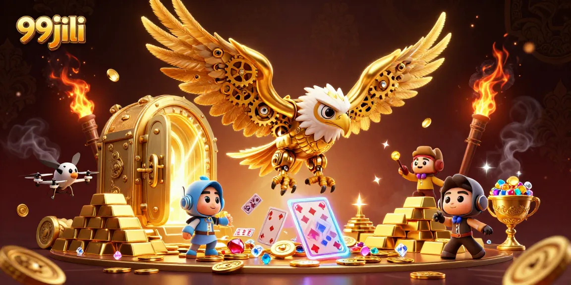 Experience thrilling action at 99jili, where the cybernetic eagle dives through holographic cards amid treasure.