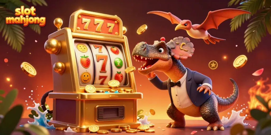 Permainan slot mahjong yang seru dengan dinosaurus kartun dan mesin slot memunculkan koin jackpot.
