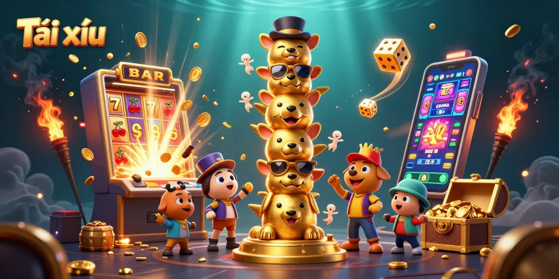 Experience Tài xỉu excitement with a 3D vibrant casino scene featuring interactive elements and colorful symbols.