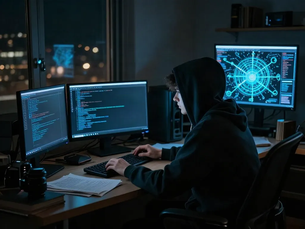 Figure exploring the hidden wiki dark web amid dim lighting with computer screens displaying cryptic code.