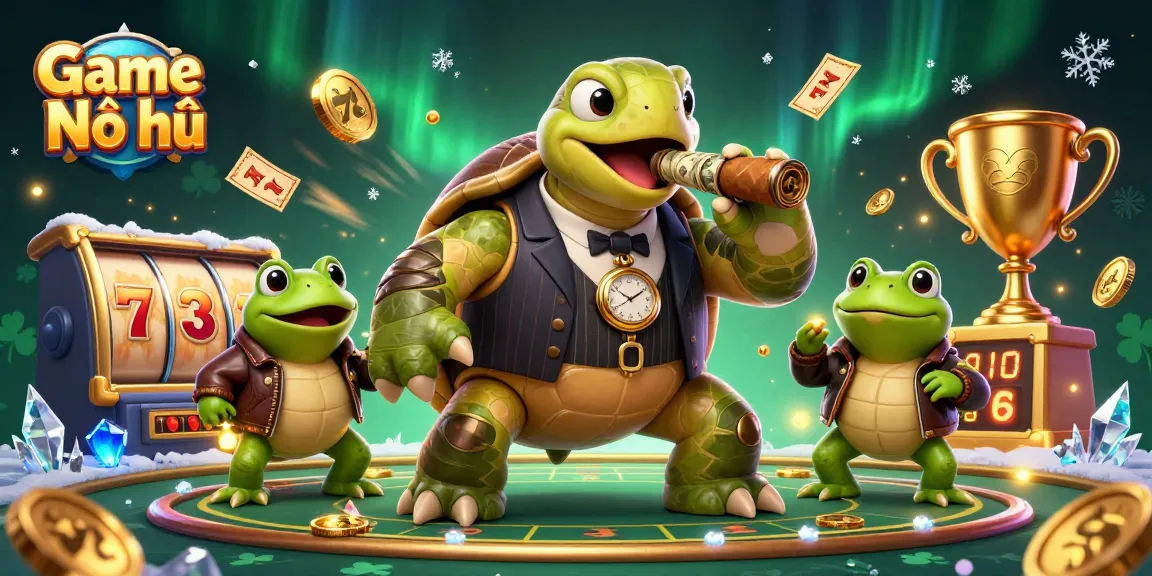 Play Game Nổ hũ with a lively snapping turtle and bullfrog enforcers in a vibrant casino scene.