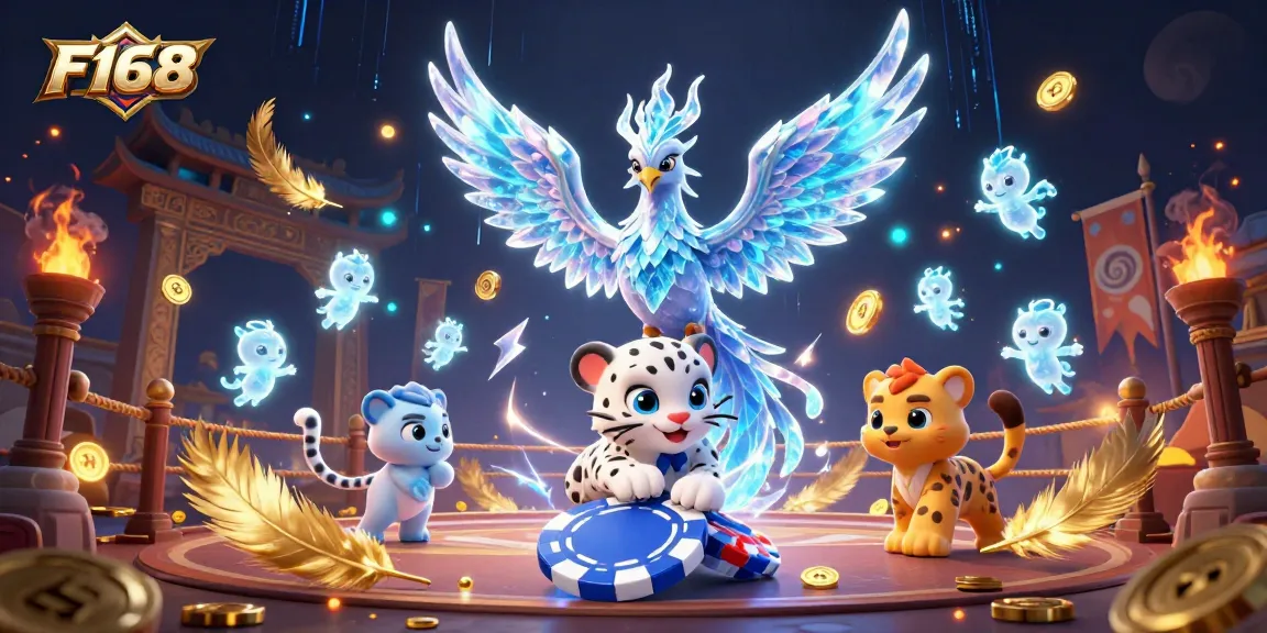 Play exciting games at F168 with a dazzling ice phoenix and fun characters illustrating the thrill of gambling.