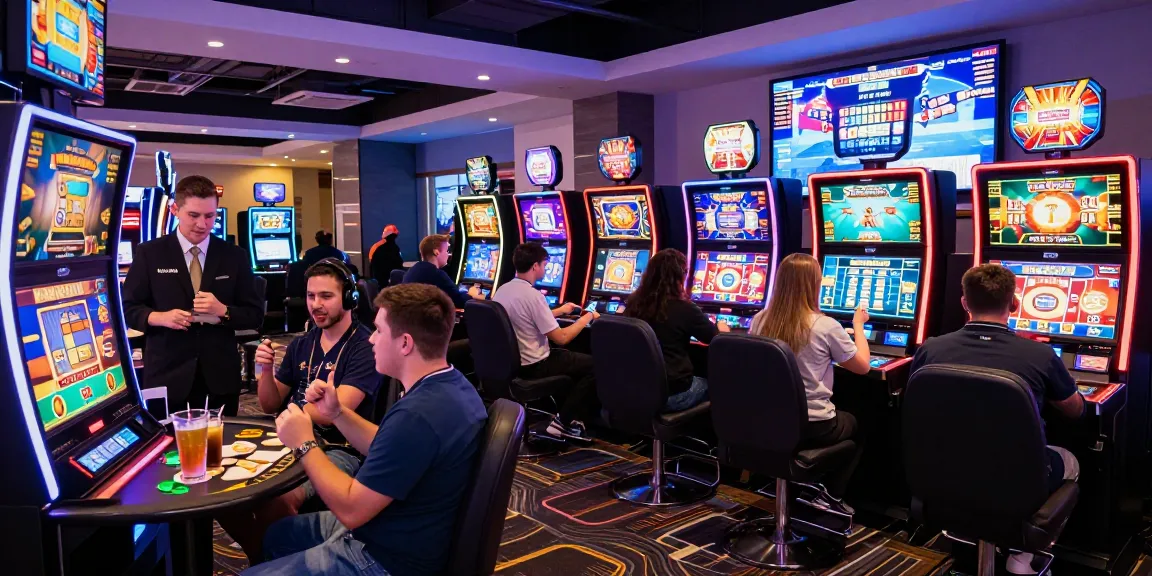 LUCK8 online casino players engaged at vibrant gaming terminals in a modern entertainment setting.