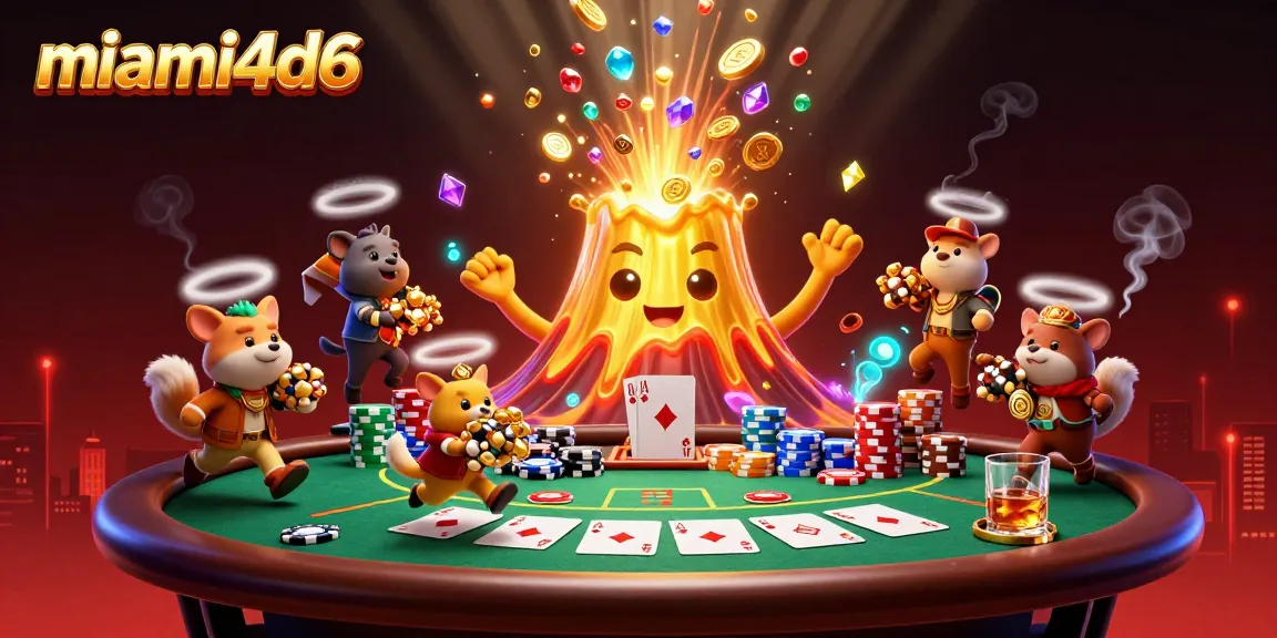 Experience the triumph of miami4d6 as a golden volcano erupts with treasures, amidst thrilling poker elements.
