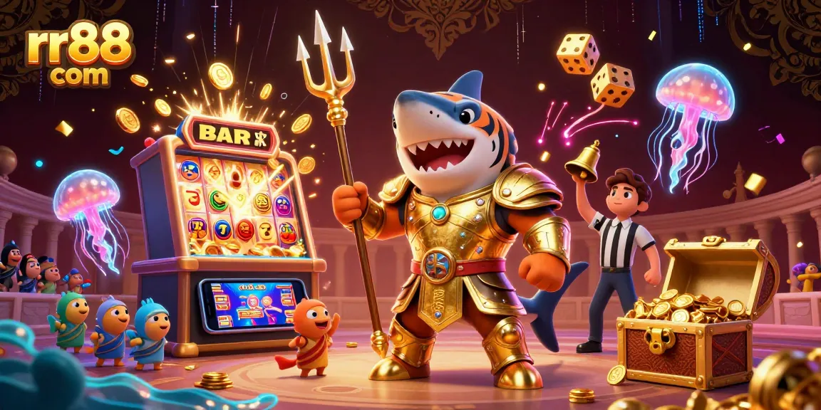 Experience thrilling wins at rr88 com with an underwater casino adventure featuring a shark gladiator.