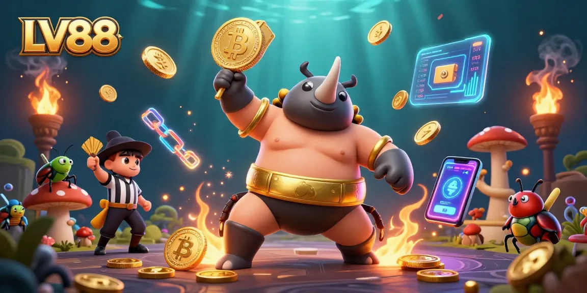 Experience thrilling wins at LV88 with our sumo beetle champion and sparkling coins in an engaging casino scene.