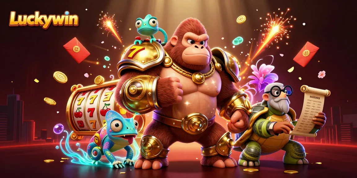 Experience thrilling gameplay and big wins with Luckywin's vibrant casino scene featuring unique characters and slot game elements.