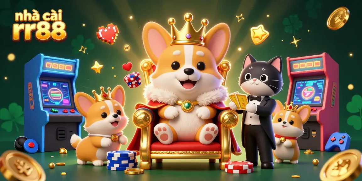 Play exciting games at nhà cái rr88 with animated corgi royalty in a vibrant casino scene.