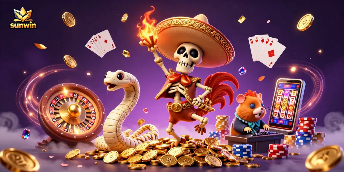 Win big at Sunwin with vibrant 3D characters celebrating amidst gold coins and casino games.