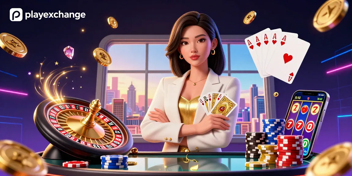 Engage in thrilling games with playexchange's elegant cricket betting experience, poker chips, and vibrant roulette.