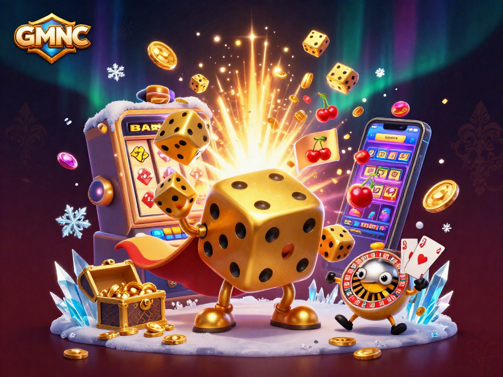 Engage with GMNC's vibrant gambling scene featuring a dynamic golden dice golem and thrilling casino elements.