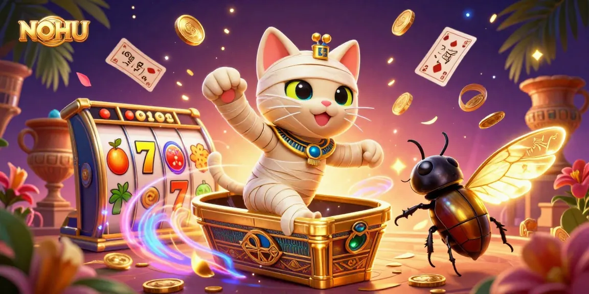 Engage with NOHU while enjoying an exhilarating 3D illustration of a casino scene featuring a mummy cat and scarab beetle.