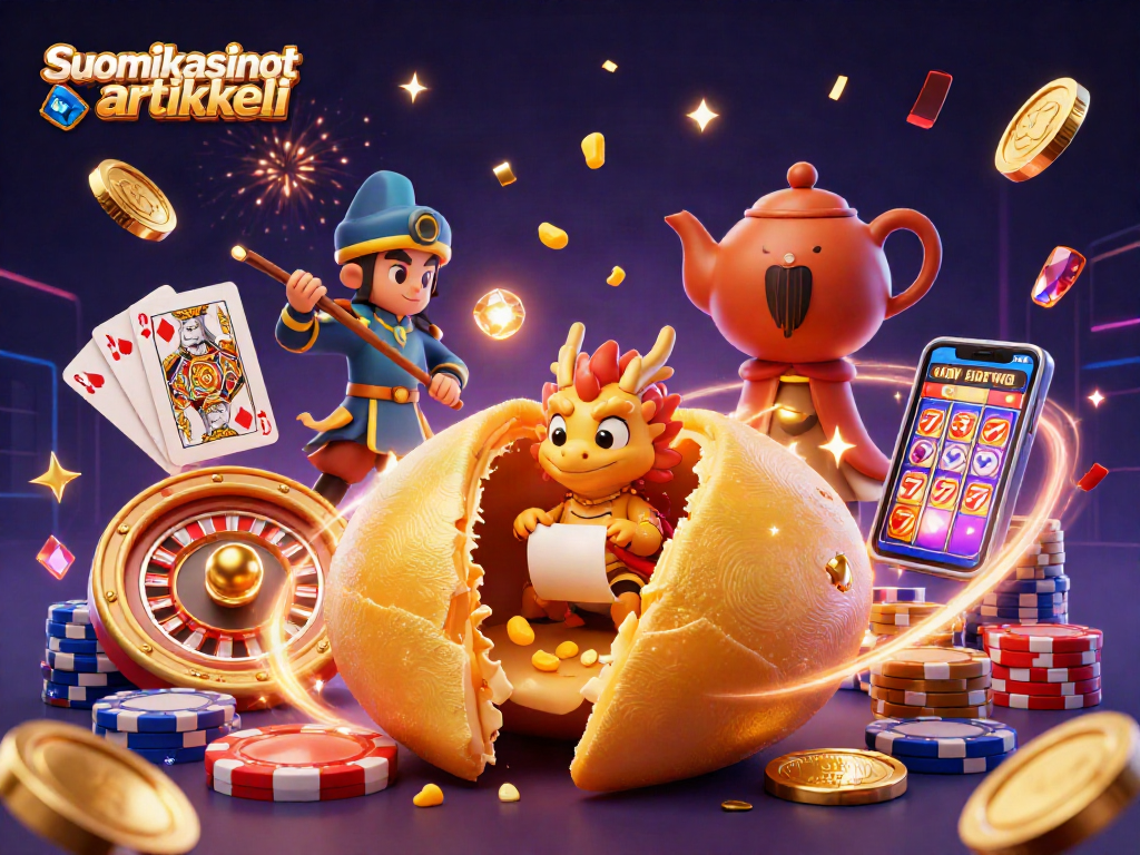 Engage with the exciting Suomikasinot artikkeli scene of a golden fortune cookie and wise dragon amidst vibrant casino elements.