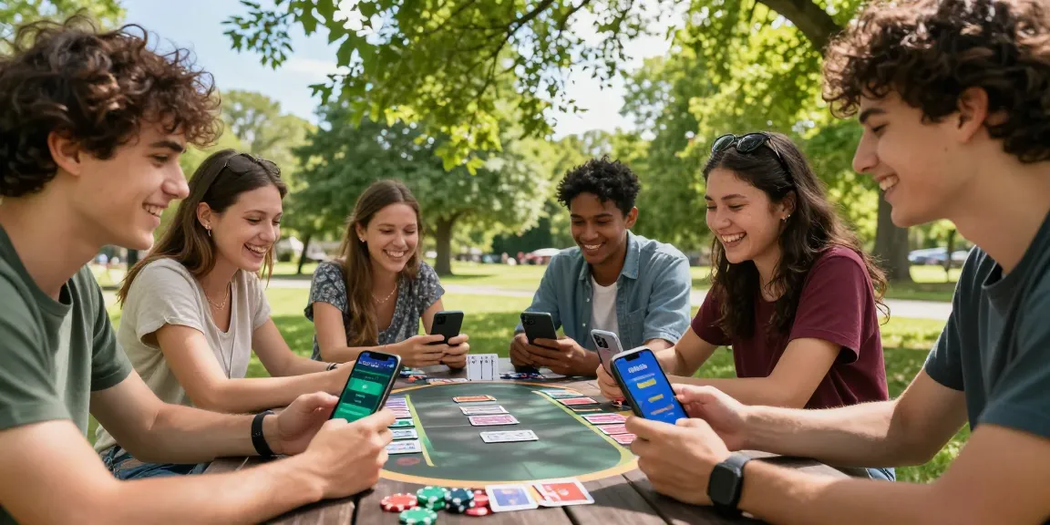 Friends sign up and play Teen Patti outdoors, engaging with 3 Patti World app.