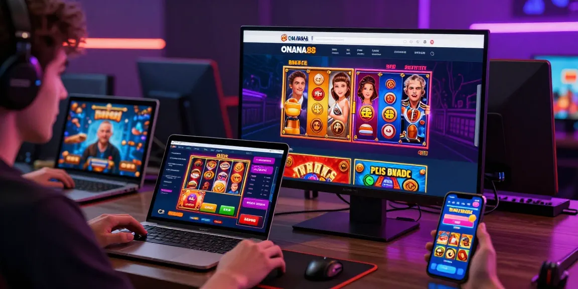 Engaged users interacting with ONANA88 online gaming platform on multiple devices, showcasing vibrant graphics and user excitement.