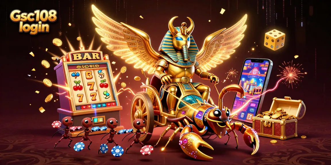 Experience the action with Gsc108 login, featuring vibrant casino elements and characters in a dynamic online gaming scene.