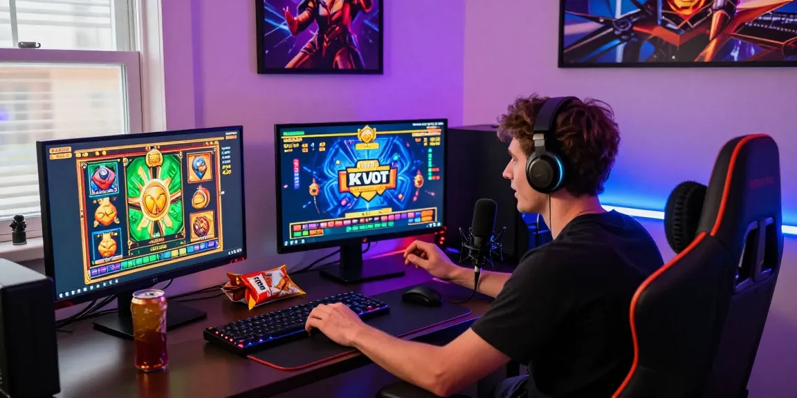 Player enjoying Slot Pragmatic games in an engaging home gaming setup with vibrant screens and snacks.