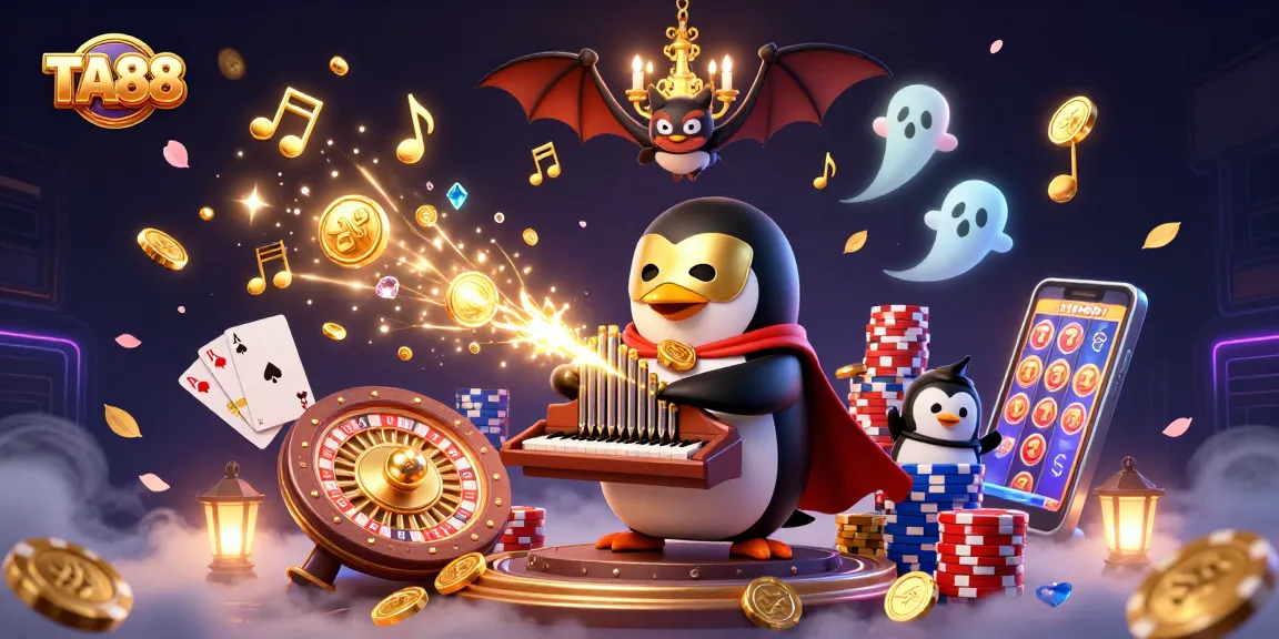 TA88 gaming scene featuring a penguin organist and casino elements like cards and coins.