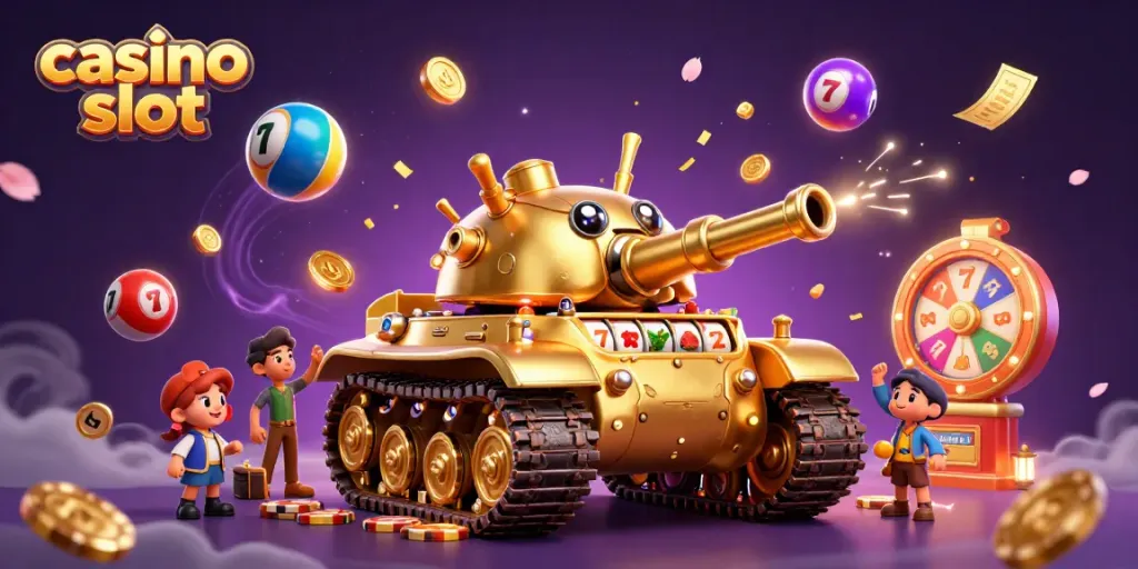 Experience a vibrant casino slot scene with colorful elements and a golden beetle tank.