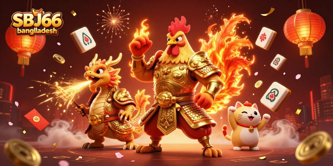Engage with SBJ66 bangladesh in this vibrant casino illustration showcasing cartoon warriors and festive symbols.