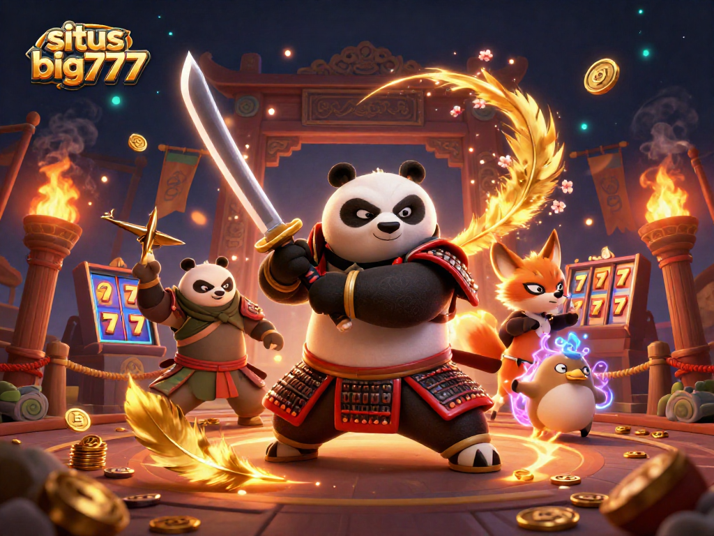 Engage with situs big777, a vibrant 3D illustration featuring samurai panda and ninja fox in a thrilling casino scene.