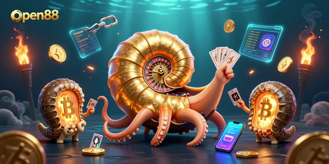 Engage with open88 through this vibrant 3D casino illustration featuring a nautilus roulette wheel and glowing crypto elements.