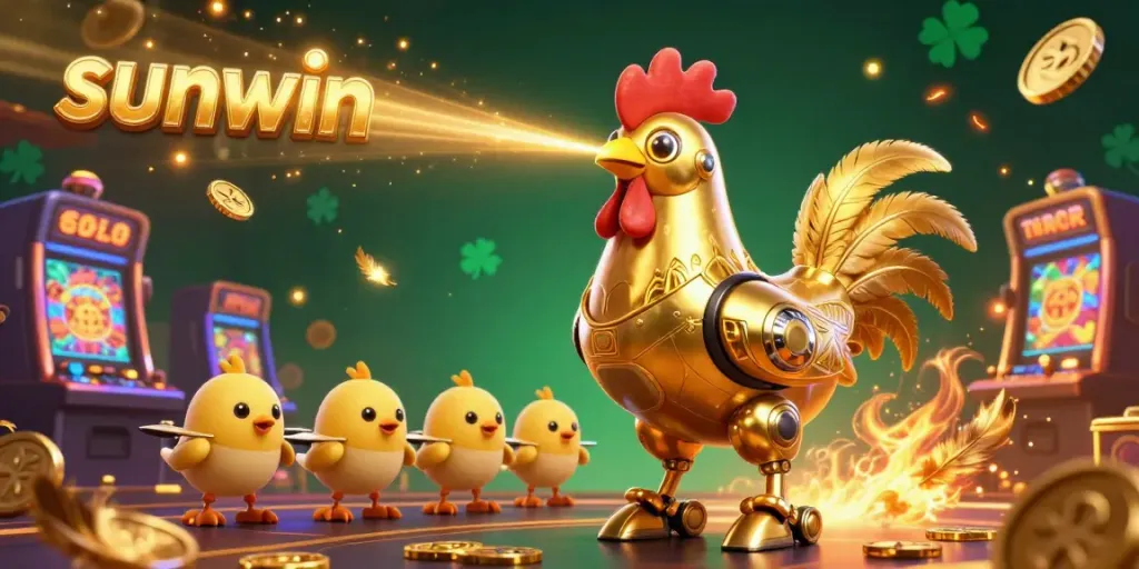 Bet on sunwin with a golden rooster robot leading baby chick drones amidst slot machines and coins.
