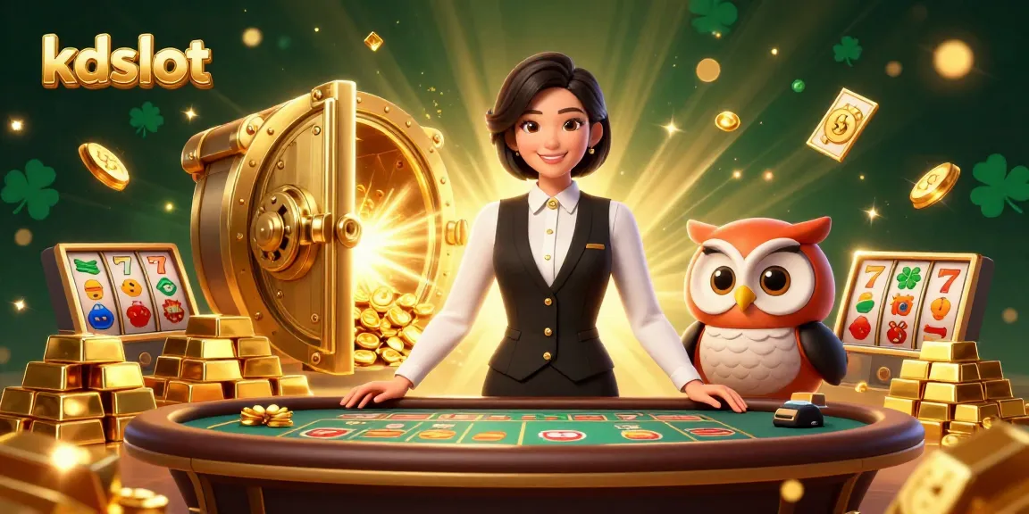 Engage in thrilling gaming action with kdslot's vibrant 3D casino scene featuring dealers and game elements.