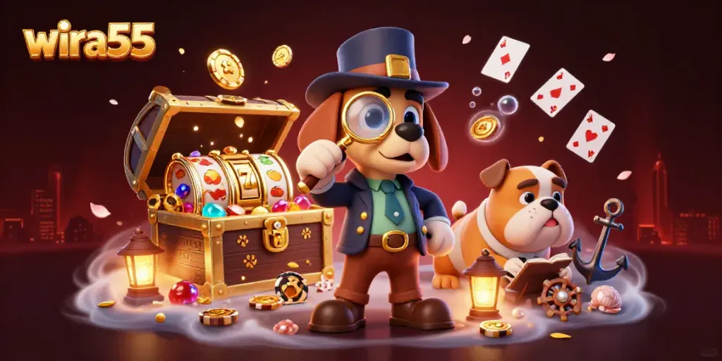 Wira55 menunjukkan permainan slot menguntungkan dengan slot reels dan simbol keberuntungan