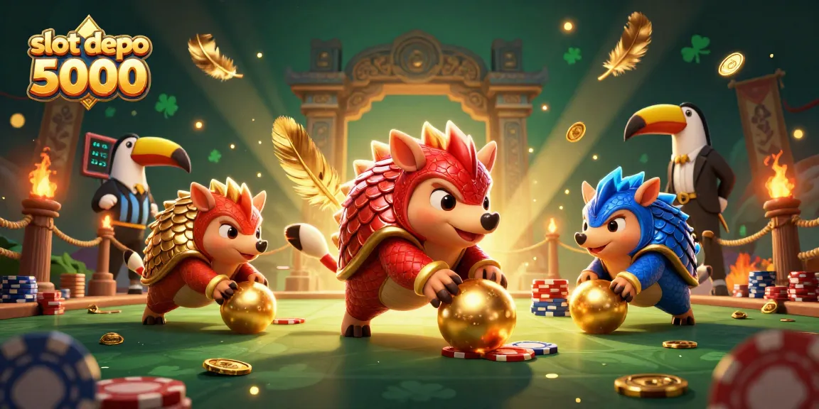 Rolling golden balls in slot depo 5000 with pangolins and poker chips bringing excitement to the game.