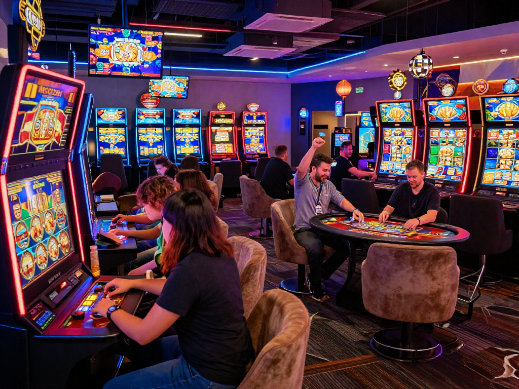 Exciting gaming scene at mpocash.blog featuring players celebrating victories and vibrant casino elements