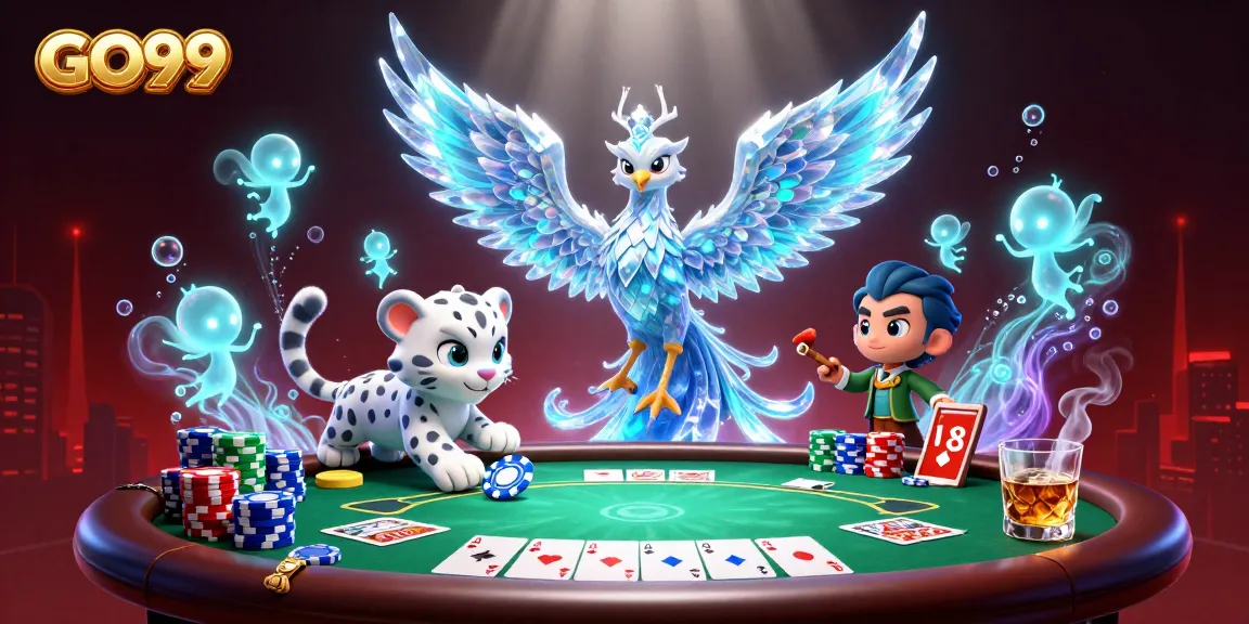 Experience GO99's vibrant poker realm with an ice phoenix and playful characters in action.