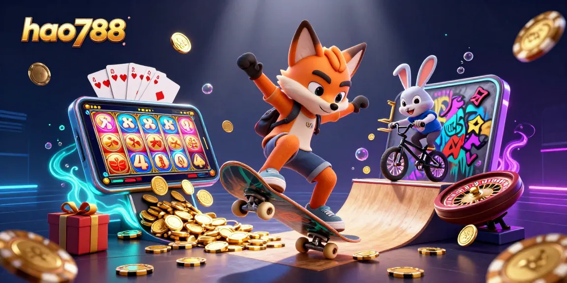 Permainan slot tema kasino di HAO788 dengan chip poker emas dan karakter lucu.