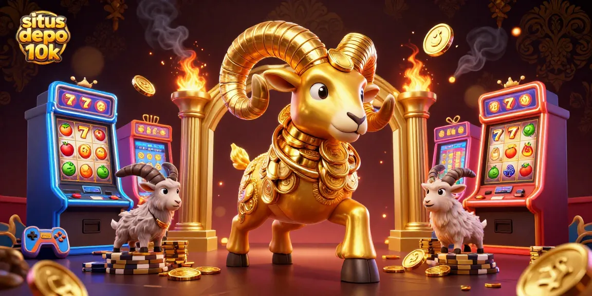 Engage with situs depo 10k for thrilling slot gameplay, featuring colorful machines and golden mascots.