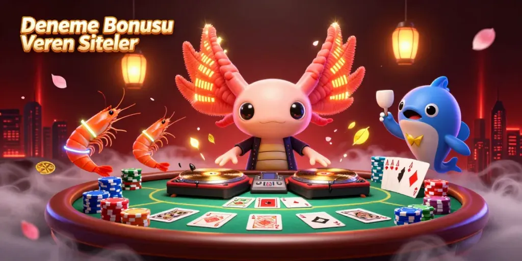 The 3D cartoon scene showcases Deneme Bonusu Veren Siteler with a neon axolotl DJ, poker elements, and vibrant characters in a casino atmosphere.