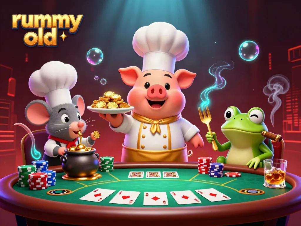 Gamer memainkan permainan rummy old dengan kepingan poker di meja dikelilingi oleh karakter lucu